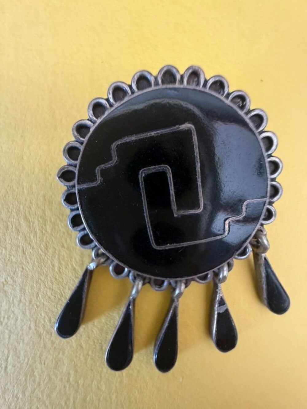 Taxco Vtg Silver & Black Onyx Brooch Pendant Combo teardrop dangles Aztec/Mayan